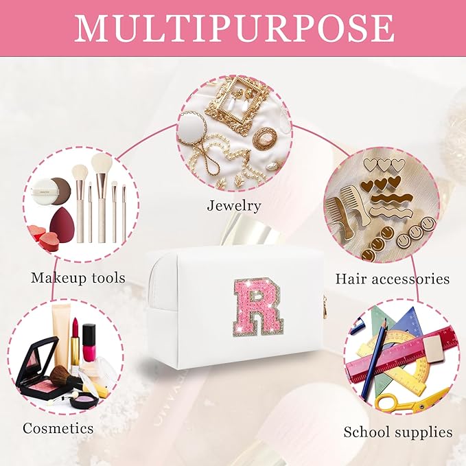 Personalized Initial Letter Makeup Bag, Small Glitter Letter Patch Cosmetic Pouch Zipper, Preppy Makeup Organizer PU Waterproof Travel Toiletry Bag, Monogrammed Birthday Gift for Women Girls