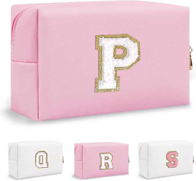 Personalized Initial Preppy Makeup Bag Organizer, Pink Small Travel Cosmetic Bag Monogram Toiletry Zipper Pouch for Women, Portable Waterproof PU Makeup Case for Women Friends Party Gift(Letter P)