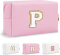 Personalized Initial Preppy Makeup Bag Organizer, Pink Small Travel Cosmetic Bag Monogram Toiletry Zipper Pouch for Women, Portable Waterproof PU Makeup Case for Women Friends Party Gift(Letter P)