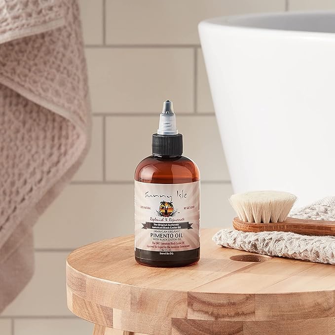 Sunny Isle Jamaican Organic Pimento Oil with Black Castor Oil 4oz | Formulated to Nourish the Scalp, Condition and Strengthen Hair | Traditional Body Rub for Muscle Pain