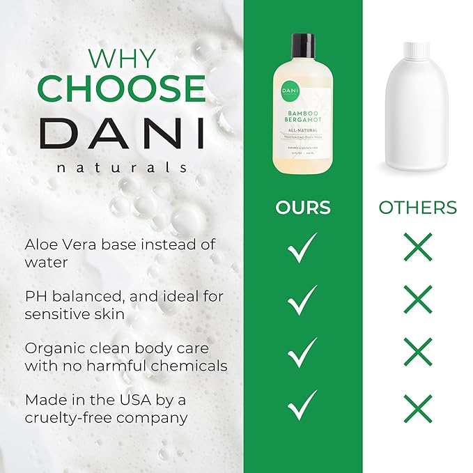 DANI Naturals Moisturizing Body Wash - Refreshing Bamboo Bergamot Scent with Organic Aloe Vera & Natural Glycerin - Paraben & Sulfate-Free Shower Gel - For Men & Women - 12 oz - Vegan & Cruelty-Free