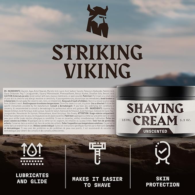 Striking Viking Men's Shaving Cream - 5.3 oz, Unscented - Sensitive Skin & Travel Shave Cream