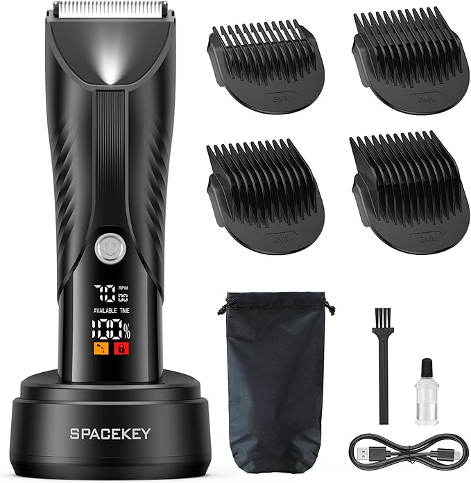 Spacekey Electric Body Hair Trimmer - IPX7 Waterproof Ball Trimmer for Men with LED Light, Wet/Dry Groomer, USB-C Rechargeable, Travel Bag Included - Men's Pubic, Groin and Body Shave