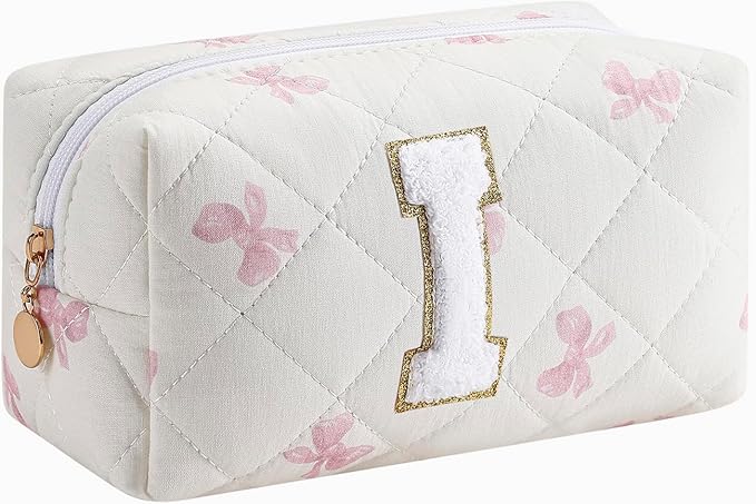 Gleyemor Personalized Initial Makeup Bag for Women, Cute Quilted Pink Floral Cotton Cosmetic Bag, Christmas Gifts for Her Mom Friend Sister Bridesmaid Teacher Women I