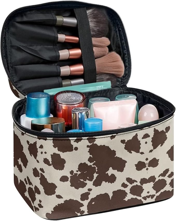 Cute Brown Cow Cowhide Design Travel Makeup Bags for Women and Portable Tote Cosmetic Case with Carry Handle Toiletry Accessories Storage Organizer Bags