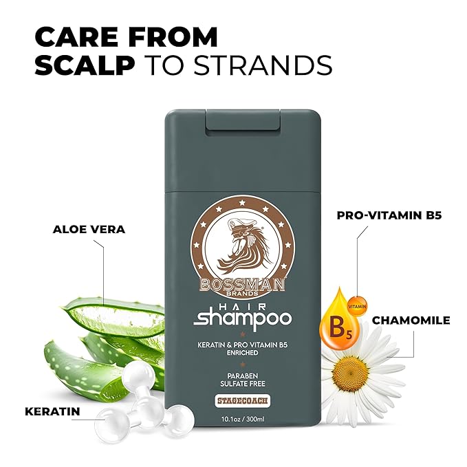 Bossman Hair Shampoo for Men – Natural Moisturizing Men's Shampoo with Keratin & Vitamin Pro5 Enriched - Paraben & Sulfate Free (Stagecoach Scent)
