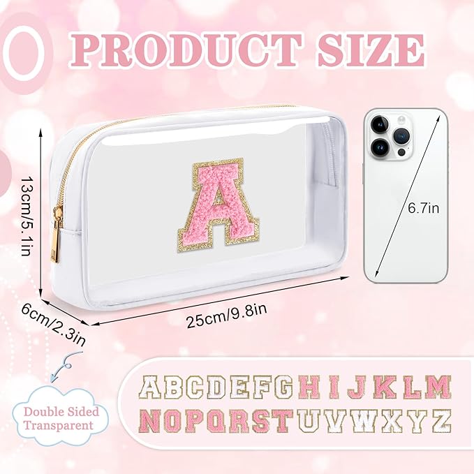 Small Clear Personalized Initial Makeup Bag,Nylon Preppy A-Z Chenille Letter Patch Cosmetic Pouch Beach Toiletry Bag,Waterproof Zipper Travel Purse Storage Bag Organizer for Women Girls(White-Pink A)