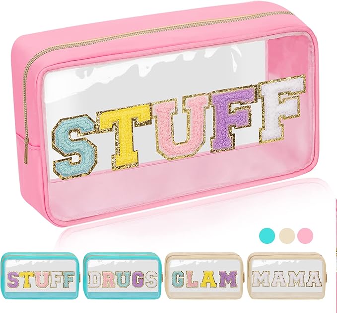 Iqimott Clear Patch Makeup Bag Stuff Pouch, Preppy Personalized Chenille Letter Cosmetic Pouch for Travel, Nylon Waterproof Monogram Pouches Zipper Toiletry Bags for Women Girls(STUFF, Pink)