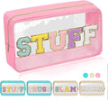 Iqimott Clear Patch Makeup Bag Stuff Pouch, Preppy Personalized Chenille Letter Cosmetic Pouch for Travel, Nylon Waterproof Monogram Pouches Zipper Toiletry Bags for Women Girls(STUFF, Pink)