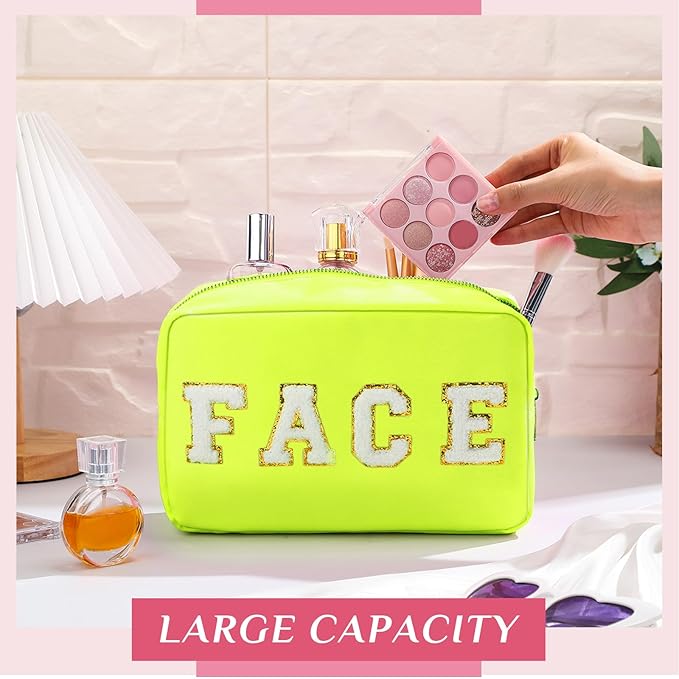Remerry 4 PCS Nylon Cosmetic Bags Waterproof Spacious Travel Makeup Organizer for Women Chenille Letter Preppy Zipper Pouch Face Stuff Skin Hair Organizer Gift(Fluorescent Colors)