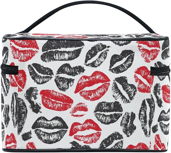 Makeup Train Case Valentines Lips Mouth Pattern Carrying Portable Zip Travel Cosmetic Brush Bag Organizer Large for Women