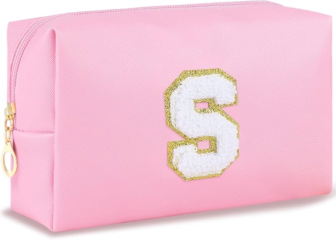 Patch Makeup Bag Travel Small Cosmetic Bag Pink PU Makeup Pouch Zippered Personalized Preppy Initial Skin Care Stuff Bag for Women Birthday Gift Teen Girl Gifts Trendy Stuff(S)