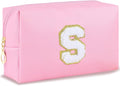 Patch Makeup Bag Travel Small Cosmetic Bag Pink PU Makeup Pouch Zippered Personalized Preppy Initial Skin Care Stuff Bag for Women Birthday Gift Teen Girl Gifts Trendy Stuff(S)