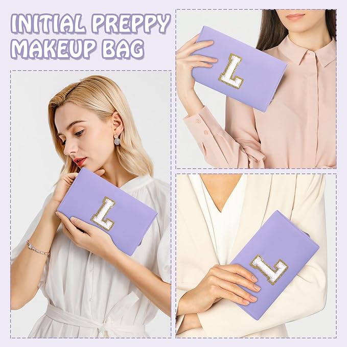 Personalized Initial Preppy Makeup Bag Organizer, Small Purple Cute Cosmetic Bag Travel Toiletry Zipper Pouch for Women, Portable Waterproof PU Makeup Case Birthday Gifts for Friends Teacher(Letter L)