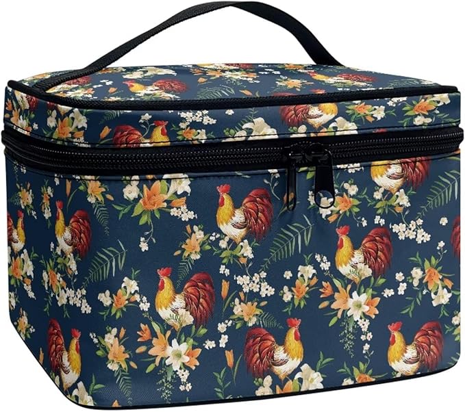 JoyLamoria Chicken Floral Toiletry Bag Case Durable Cosmetic Bag Makeup Box Zipper Pouch