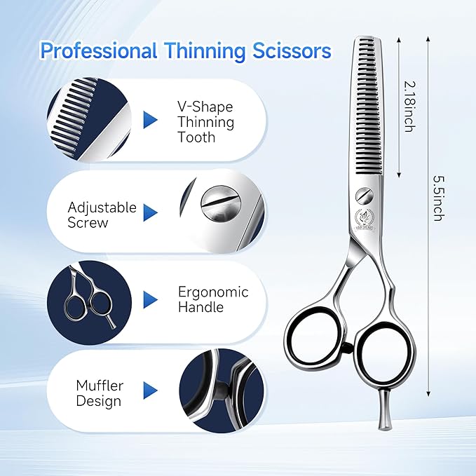 Fenice Peak 5.5'' Hair Cutting Scissors Set, Professional 440C Stainless Steel Barber Shears Kit with Cutting & Thinning Scissors, 9 PCS Hairdressing Tools for Men Women Salon Home Use