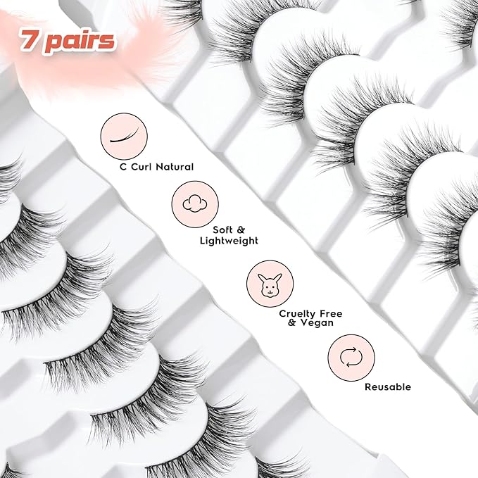 Wispy Cat Eye Lashes False Eyelashes Natural 15MM Strip Eyelashes Thin Band False Lashes 3D Volume Fake Lashes 7 Pair Soft Lash Pack Siligli