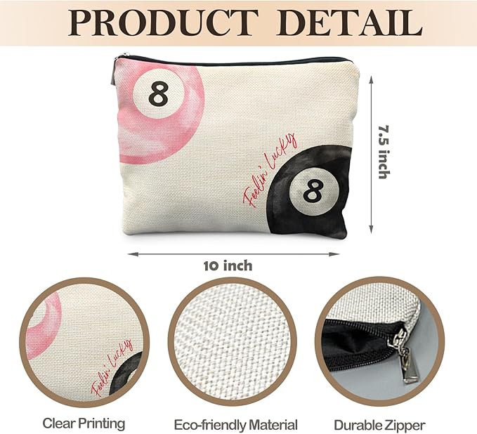 Retro Pink and Black Lucky 8 Ball Makeup Bag, Funky Preppy Cosmetic Bags for Women, Preppy Stuff Makeup Pouch, Feeling Lucky Zipper Pouch
