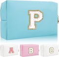 Personalized Initial Letter Patch Makeup Bag, Preppy Portable Chenille Cosmetic Bag with Zipper, PU Leather Waterproof Travel Toiletry Bag Monogram Make Up Pouch for Women Girls