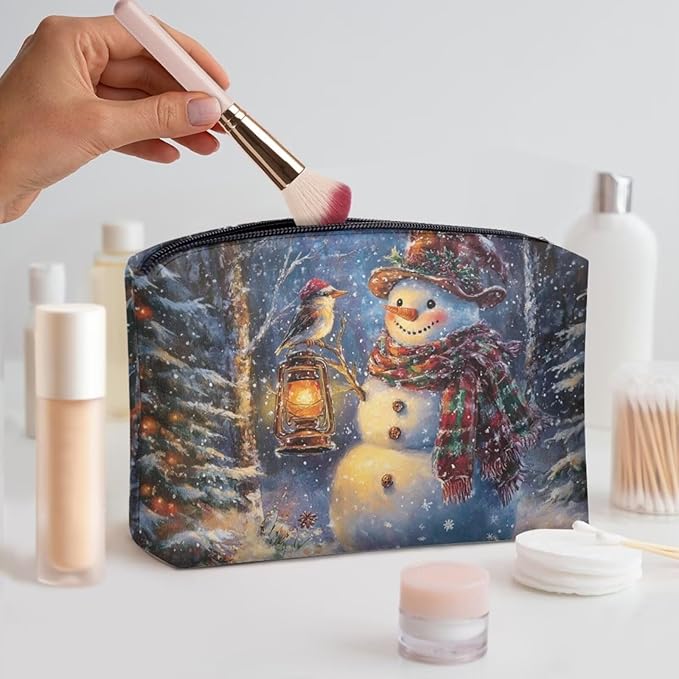 COEQINE Snowman Purse Organizer Pouches Makeup Brush Pouch for Women Travel Cute Cosmetic Bag with Zipper Small Lipstick Storage Toiletry Bags for Holiday Christmas Birthday Gifts