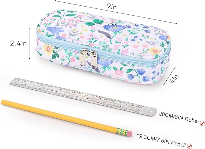 mibasies Girls Pencil Case for Kids, Multi-Slot Pencil Pouch, Floral Sky Blue