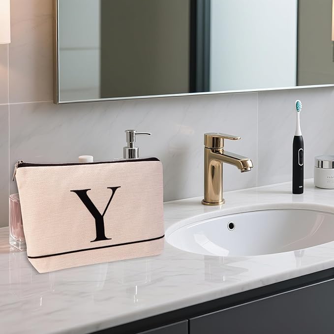 Letter A-Z Initial Personalized Makeup Bags, Birthday Gifts for Women, Monogrammed Gifts for Women Mom Sister Best Friend Bride Bridesmaid, Mothers Day, Christmas, Small Travel Cosmetic Bag (Y)