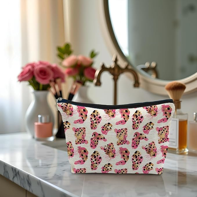 Pink and Gold Cheetah Makeup Bag, Preppy Girly Leopard Print Cosmetic Bags Gifts for Women, Funky Y2k Cheetah Portable Travel Toiletry Bag Zipper Makeup Pouch