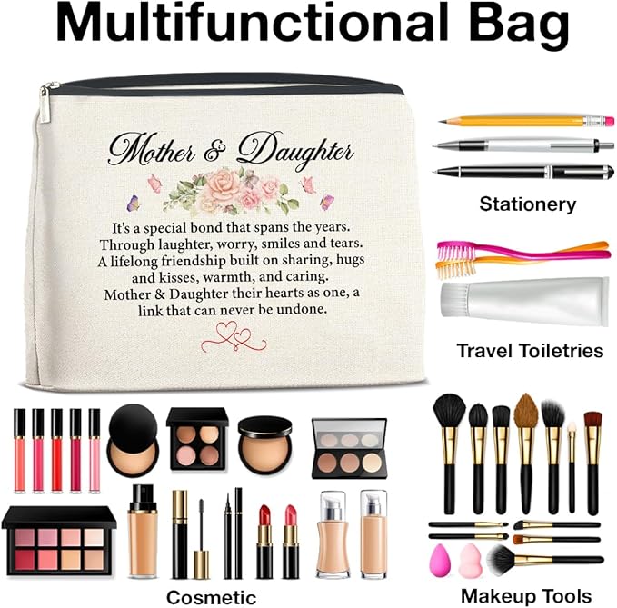 Mother and Daughter Gifts Makeup Bag Gift for Mom and Daughter Cosmetic Bag Zipper Makeup Pouch Gifts for Christmas Birthday Thanksgiving