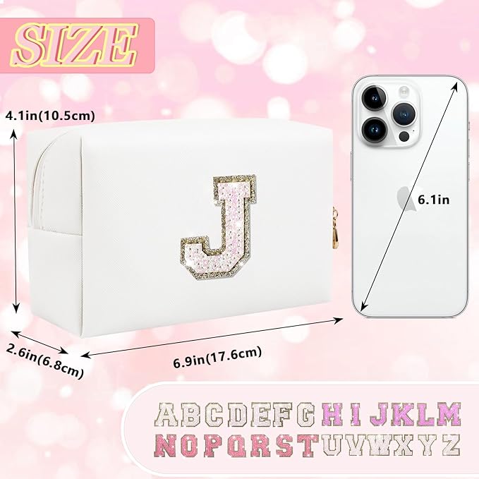 Initial Letter Patch Makeup Bag, Small Preppy A-Z Glitter Letter Cosmetic Bag, PU Leather Waterproof Travel Toiletry Bag, Cute Make Up Pouch Personalized Monogrammed Gift for Women Teen Girls
