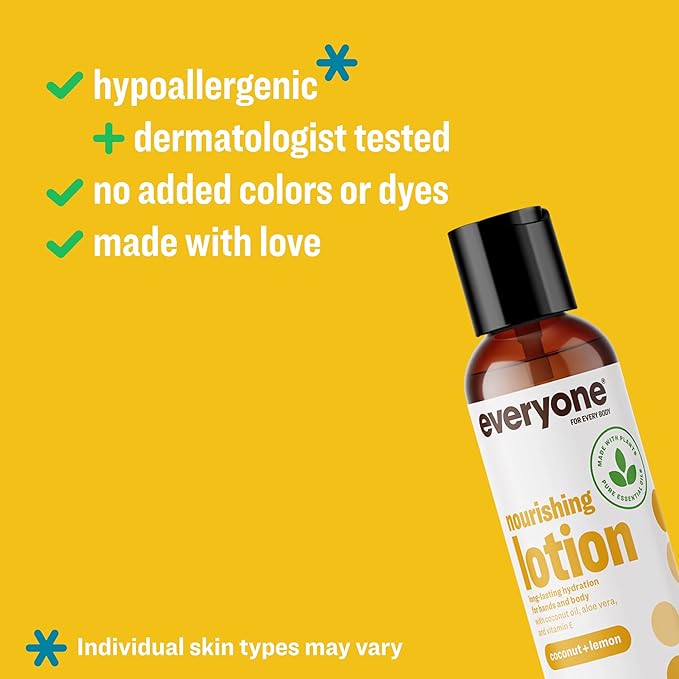 Everyone 2-in-1 Lotion for Hands/Body, Travel Size, 2 ounce (Pack of 12) Coconut and Lemon made with Essential Oils for Men and Women