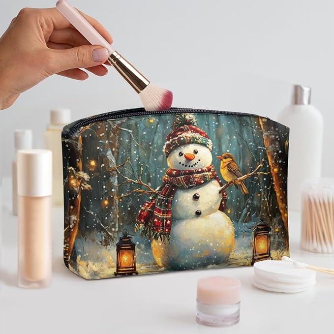 COEQINE Snowman Birds Black Pouches For Purse Organization Christmas Makeup Bags for Women Travel Leather Cosmetic Bag Cute Toiletry Travel Bag For Christmas Birthday Holiday Gifts