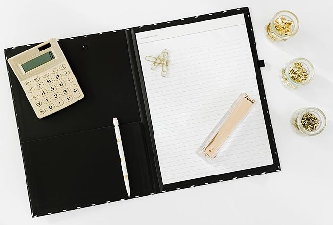 Kate Spade New York A4 Clipboard Folio with Low Profile Clip, Black Professional Padfolio Includes Lined Notepad, Pen Loop, and Pocket, Polka Dots