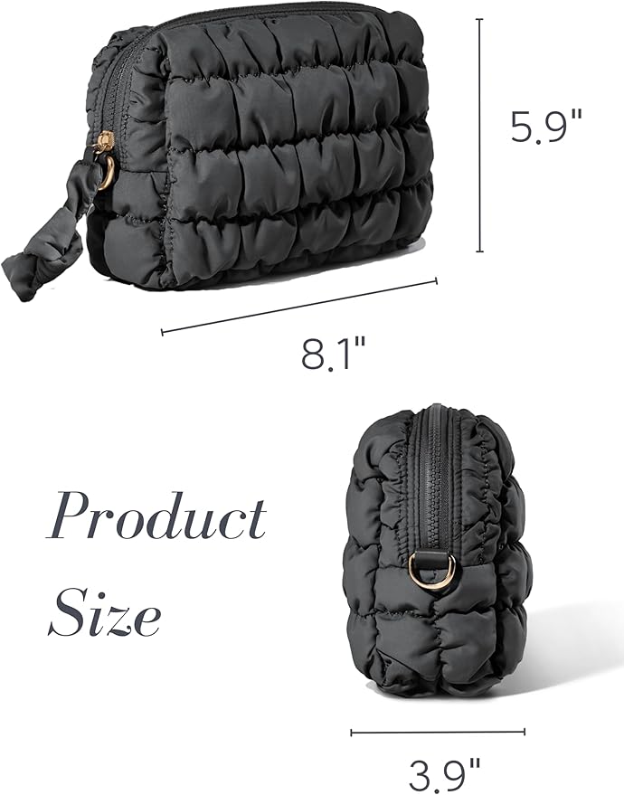 Yarnic Quilted Makeup Bag Cosmetic Bag, Travel Toiletry Bag for Women, Cute Makeup Bag Organizer Black Puffer Makeup Pouch (M, Black)