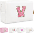 Personalized Initial Letter Patch Makeup Bag, Preppy Glitter Letter Makeup Organizer, Cute Monogrammed Pouch Cosmetic Bag PU Leather Waterproof Travel Toiletry Bag, Gift for Women Teen Girls(V)