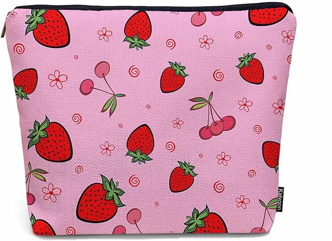 Strawberry Makeup Bags Makeup Organizer, Summer Strawberries Cherries Pink Flax Toiletry Bags Travel Cosmetic Bag Makeup Purse Pouch Skincare Bag Wallet Bags For Women Female Mom Daughter