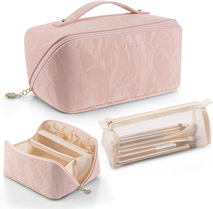 Vlando Makeup Bag,Large Capacity Toiletry Bag for Women Waterproof Portable Make up Pouch PU Leather Open Flat Cosmetic Bag(Sand Pink)