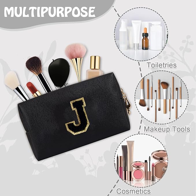 Personalized Preppy Small Travel Makeup Bag, Initial Cute Chenille Letter Black Makeup Case Cosmetic Pouch Toiletry Organizer, PU Leather Waterproof Make Up Storage Preppy Stuff for Women(Letter J)