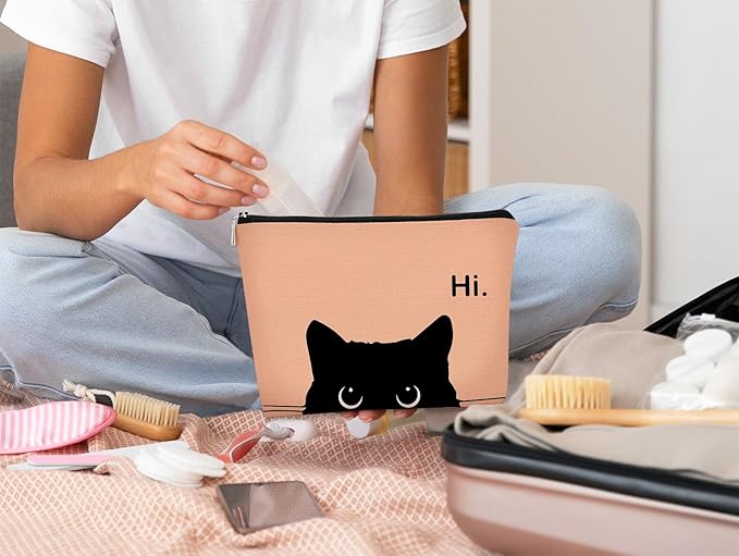 Cat Makeup Bag, Cute Makeup Bag, Cat Gifts for Cat Lovers Women, Black Cat Gifts, Hi Black Cat Kitty Cosmetic Bag, Cat Makeup Pouch, Cat Stuff for Cat Lovers (Camel-2)
