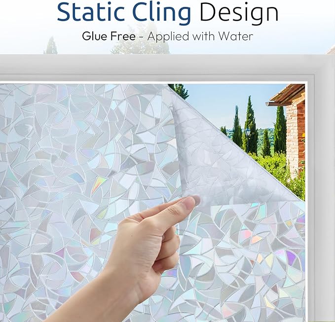 rabbitgoo Window Privacy Film Rainbow Film Decorative Window Sticker, 3D Static Stained Glass Cling Tint for Home Heat Control Non-Adhesive, Grayish Silver, 35.4 x 157.4 inches