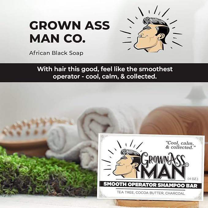 Grown Ass Man Co. - Solid Shampoo Bar Rich Lather 3 in 1: Hair, Beard & Body Wash - Plastic Free & Eco-Friendly, Natural & Organic Clean for All Hair Types, 4oz Bar (Smooth Operator, 6-Pack)
