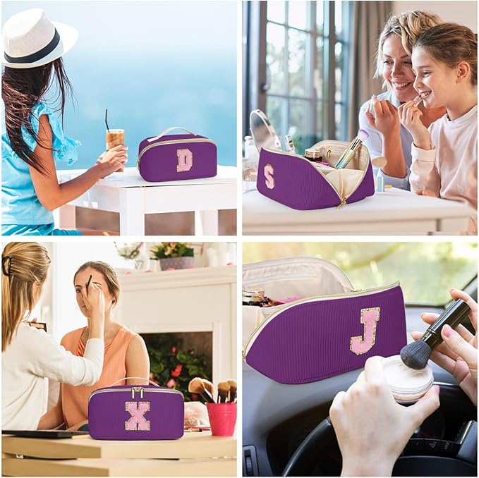Personalized Initial Makeup Bag,Christmas Gifts for Girl,Preppy Bag Cosmetic Travel Bag Women,Travel Toiletry Organizer,Large Capacity Corduroy Stuff Bag,Cute Cosmetic Pouch Skincare Bag-G