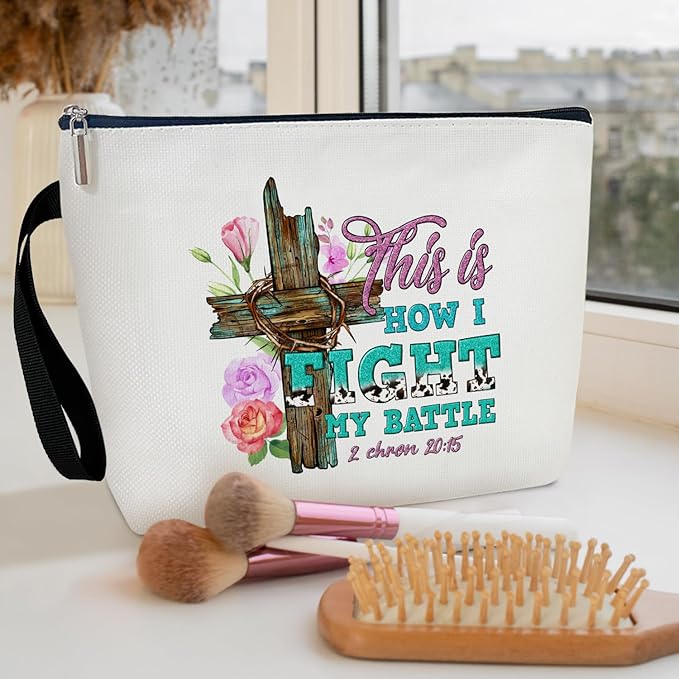 Christian Cosmetic Bag for Women, Floral Cross Makeup Bag Gifts for Friend Mother Coworker Travel Essentials Purse Toiletry Pouch Cosmetic Bag with Zipper(This is How I Fight my battle)