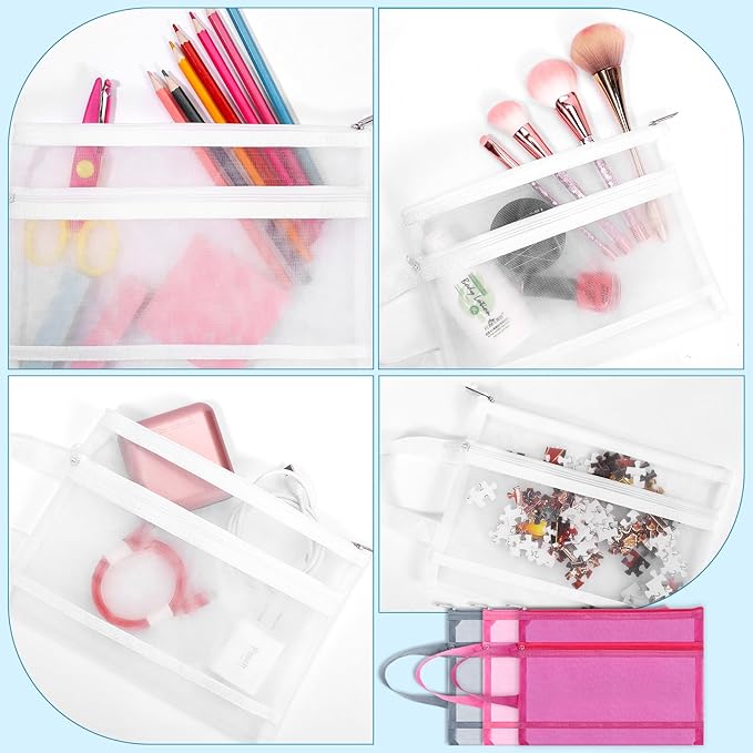6 Pack Mesh Zipper Pouch Bags, Double Layer Nylon Pouch with Handle for Office Travel Organization (White, A4)