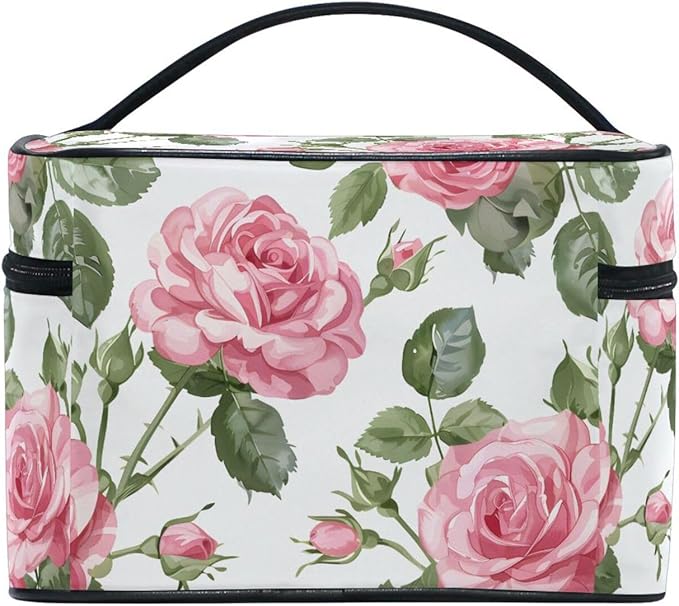 Makeup Train Case Leaves Flower Rose Pattern Carrying Portable Zip Travel Cosmetic Brush Bag Organizer Large for Women