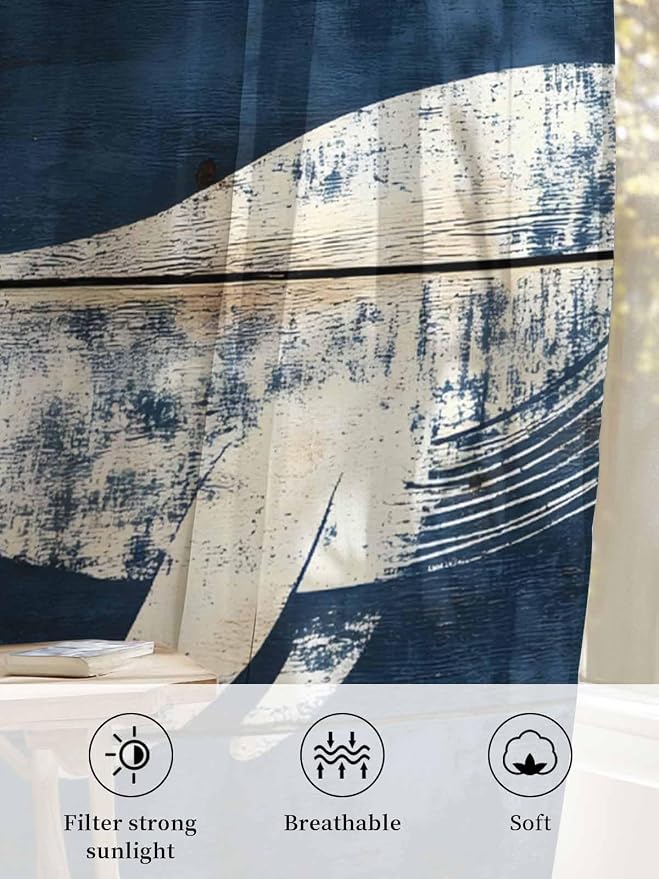 Sheer Curtains 72 Inches Long, Ocean Whale Blue Semi Sheer Curtains Light - Image 6