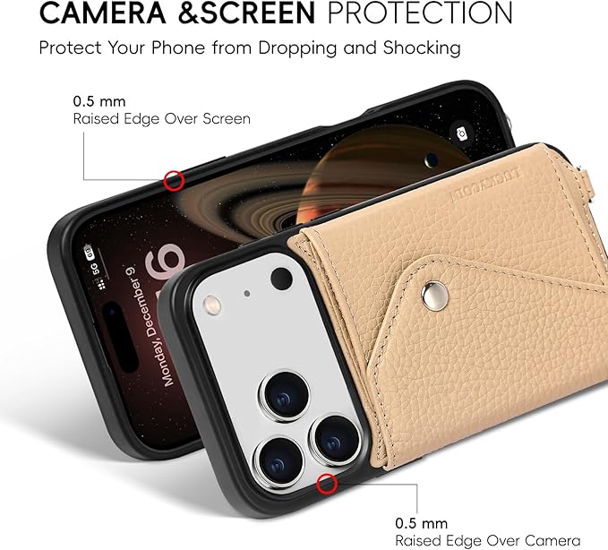 LUCKYCOIN Crossbody Wallet Phone Case for iPhone 17 Pro,100% Genuine Leather Wallet Phone Case with Expandable Flip Card Holder,Phone Purse for Women with Adjustable Removable Strap - Pebble Beige