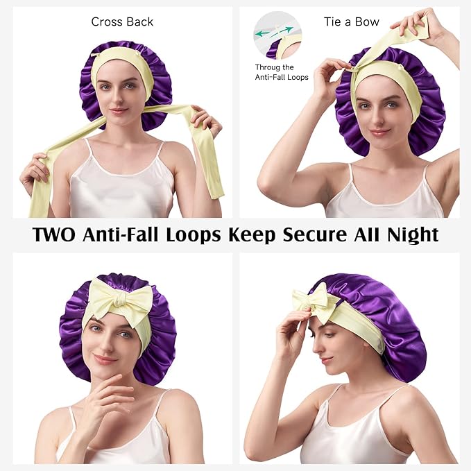 YFONG 100% 22 Momme Mulberry Silk Bonnet for Sleeping Women, Larger Double Layer Silk Hair Wrap for Curly Short Long Hair, Non-Slip Sleep Cap Turban with Elastic Tie Band (Purple & Yellow)