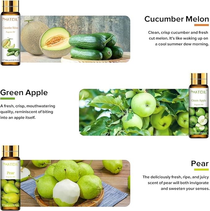 PHATOIL 9PCS Fruit Fragrance Oil Set for Soap Making Diffusers, 10ml/0.33fl.oz Cucumber Melon, Coconut & Vanilla, Peach, Pear, Green Apple, Blueberry, Apple, Fig, Lemon Fragrance Oil Essential Oils