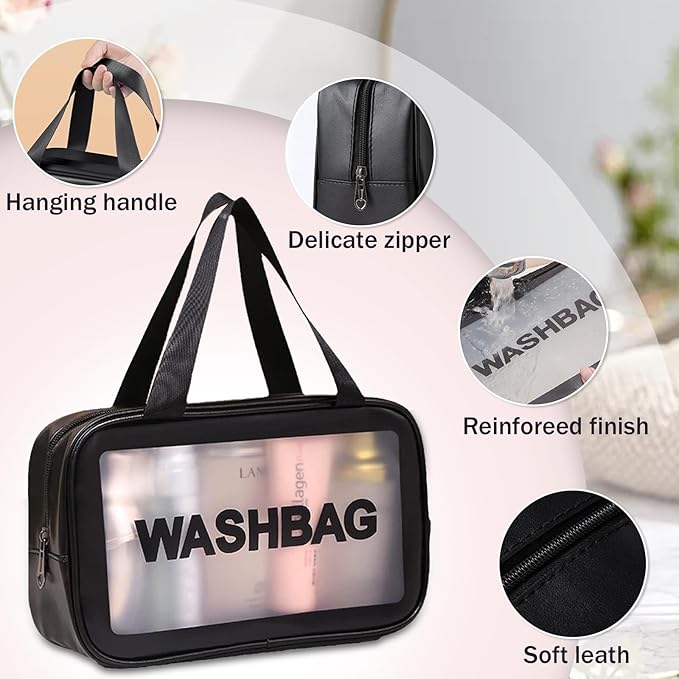 Clear Travel Bags for Toiletries,3 Pack Toiletry Bag,Matte Translucent Toiletry Bag,Makeup Bag With Handy Handle,Travel Pouch,Makeup Cosmetic Organizer for Travel Essentials(Black)