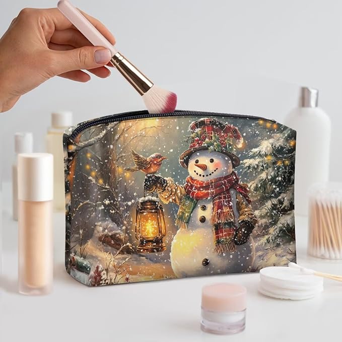 COEQINE Lip Balm Pouch,Snowman Purses for Women Leather Makeup Bag Travel Toiletry Bag with Zipper Travel Essentials Toiletries Accessories Brushes Costume Bags for Holiday Christmas Gifts